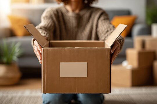 Person's hands holding an open cardboard box with a blank label, ready for delivery or moving. - Powered by Adobe