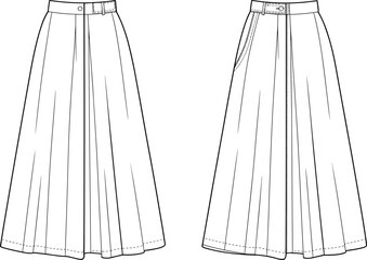 Technical Drawing of Pleated Skirt Design with Pocket, Flat Vector Illustration
