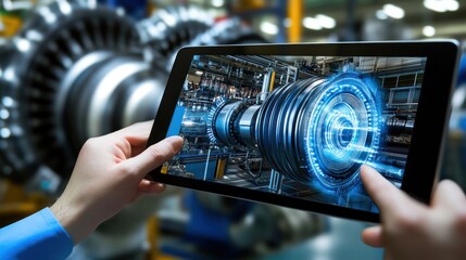 Factory worker using tablet for augmented reality engine maintenance