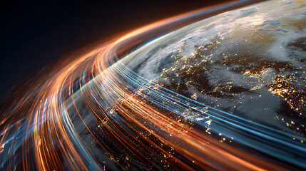 Glowing energy streams flow around illuminated planet earth at night lights