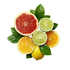 Fototapeta premium Close-up of various citrus fruits, including grapefruit, limes, oranges, and lemon, arranged in a circular pattern on a black background. 