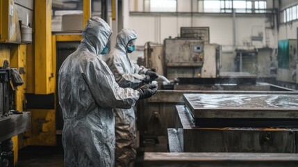 Factory workers in protective suits cleaning metal parts in industrial setting
