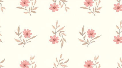 Fototapeta premium Elegant seamless floral pattern with hand-drawn leaves and blooming pastel flowers on a light background, vector style, ideal for fabric, wallpaper, and wrapping paper. Generative Ai.