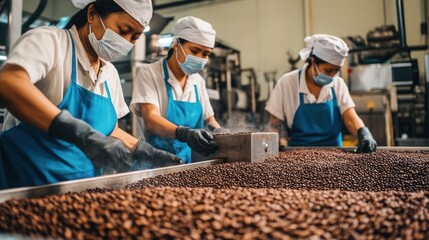 Factory workers sorting coffee beans in a processing plant