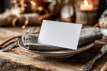 Blank white card on a rustic table setting with warm bokeh lights, perfect for events.