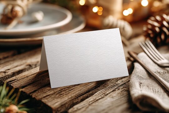Elegant blank white tent card on a rustic wooden table with festive holiday lights.