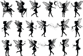 Silhouette fairy icon set with wings, magic dust, moon, star elements, enchanting poses, flying figures, vector illustrations bundle.