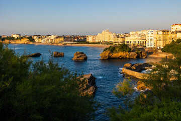 Fototapeta premium Panoramic View of Biarritz Waterfront Between Grande Plage and Pointe Saint-Martin from Atalaye Plateau