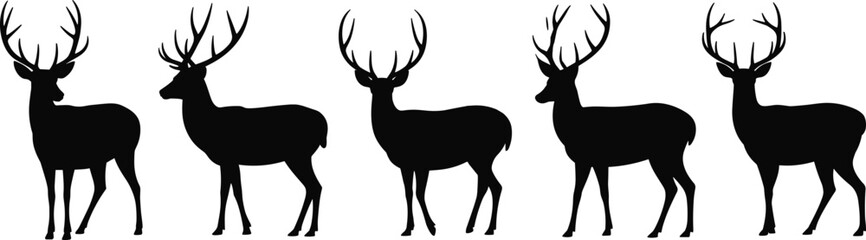 Deer silhouette vector set, antler variation profile, wildlife animal design, side view illustration, nature study graphic, artistic deer artwork