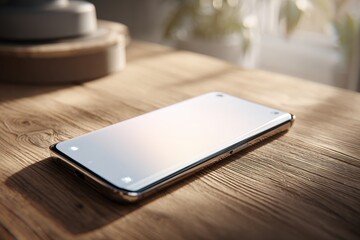 Modern smartphone with a blank screen on a wooden table, bathed in soft light.
