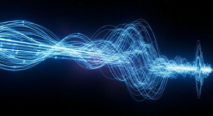 Illustration abstract blue energy wave with glowing particles and circuits
