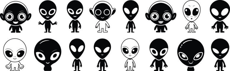 Cartoon alien character set, black and white illustration, diverse extraterrestrial designs, creative sci-fi creatures, stylized alien artwork, vector drawing