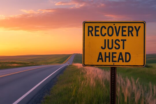 Hopeful journey ahead on scenic road with vibrant sunset sky and recovery sign promising better times