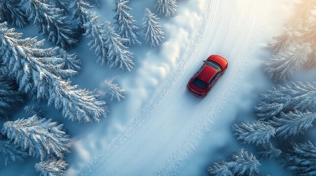 Red car on snowy forest path - Powered by Adobe