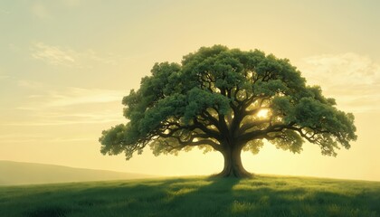 Obraz premium Ancient oak tree stands alone in verdant meadow with grassy terrain. Large tree branches stretch out, creating depth. Clear blue sky above without clouds. Hill background adds natural setting to