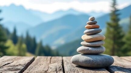 Stacked Cairn Stones on Wooden Surface with Mountain Backdrop balanced rock