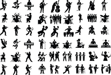 Band Playing Instruments Silhouette Icon Set – Live Music Design Musical Band Silhouette Icon Set – Performance and Concert Art