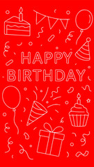 Fun birthday card with festive doodles and red background