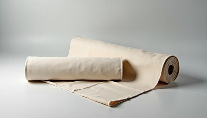 Obraz premium Unrolled beige fabric rolls on grey surface for sewing projects 