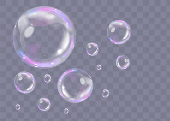 Colorful soap bubbles on a transparent background. Bright, dreamy bubbles with a rainbow gradient effect. Realistic soap bubble element vector set. Vector