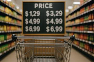 Shopping cart stands in aisle filled with various food items while price board displays rising food costs
