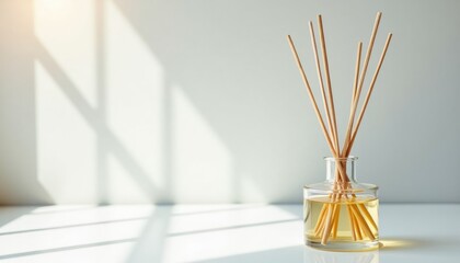 Aromatic reed diffuser with sticks in minimalist decor setting  
