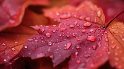 Fototapeta premium Close-up of vibrant red maple leaves covered in water droplets, showcasing autumn beauty and nature's details