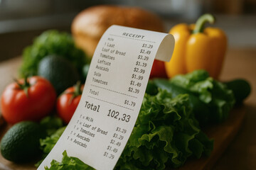 Fresh produce and groceries on receipt highlight rising food costs with items like lettuce and tomatoes. reminder of budgeting essentials
