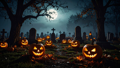Halloween pumpkin head jack lantern with burning candles, Spooky Forest with a full moon and wooden table, Pumpkins In Graveyard In The Spooky Night - Halloween Backdrop