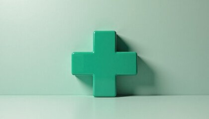 Fototapeta premium Green medical cross symbol on smooth surface in minimalist style 