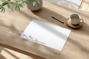 Overhead shot of a blank sheet of paper on a wooden desk with coffee and a pen, natural light creating soft shadows and warm tones, ready for ideas and creativity.