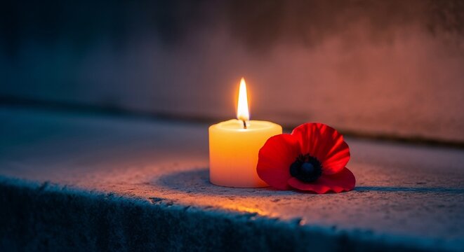 Poppy flower and lit candle on a stone surface, embodying remembrance and reflection. Commemoration concept for Memorial Day.