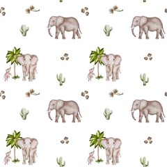 Fototapeta premium Watercolor seamless pattern featuring elephants, cacti, and palm trees for textile design