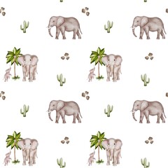 Fototapeta premium Unique watercolor pattern of elephants, palm trees, and cacti for textile and packaging design
