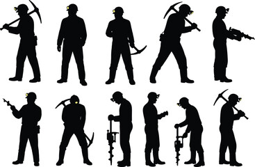 Editable silhouettes of miners in action, various tools, helmets with lamps, underground labor concept, industrial vector icon set, job.