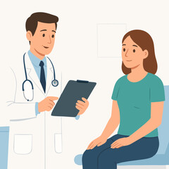 Fototapeta premium Flat vector illustration of doctor consulting female patient in medical clinic 