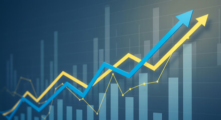 Dynamic financial growth charts showing upward trend with rising arrows and data bars