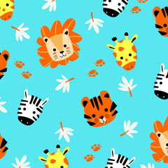 lion, tiger, zebra, giraffe cartoon seamless pattern design for kids apparel fullprint fabric