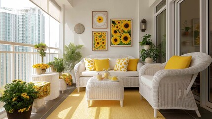 cozy airy living room in yellow white color with sunflower wall art 