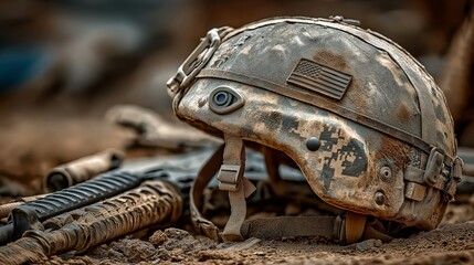 U.S. Army cap placed on dirt ground beside a firearm, evoking themes of military service, duty, and battlefield atmosphere.