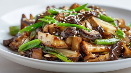close up Chinese style stir fried Shiitake Mushroom with garlic and sesame with oyster sauce