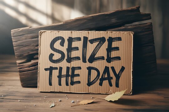 Inspiring 'Seize the Day' message on distressed cardboard against rustic wood, perfect for motivational content.