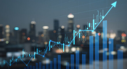Dynamic financial graph showing upward trend against city skyline, symbolizing growth and success