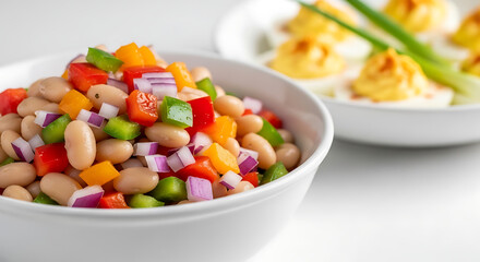 Close-up of Healthy Colorful Bean Salad in White Ceramic Bowl 