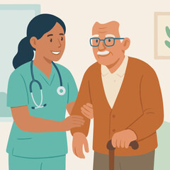 Fototapeta premium Flat vector illustration showing a smiling female nurse assisting an elderly man with a walking cane. Concept of senior healthcare, geriatric support, caregiver services, and elderly patient care.