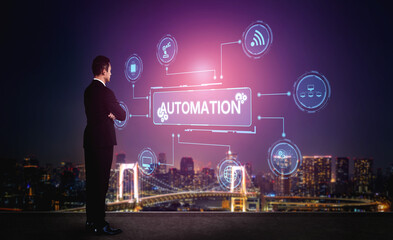 Fototapeta premium Modern automation drives workflow efficiency by connecting systems, people, and data. With intelligent automation, businesses unlock potential through seamless integration and automation tools. Spline