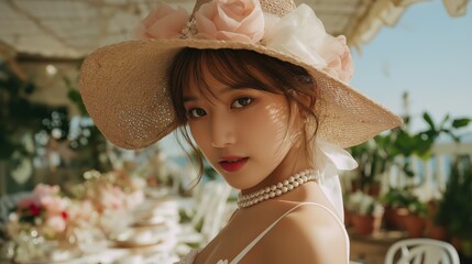 pretty young Asian woman in pretty summer dress match with flower woven hat at outdoor restaurant