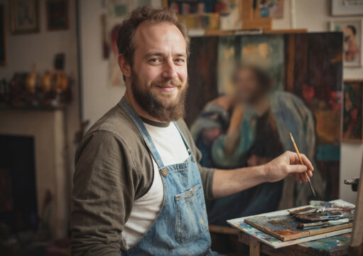 Happy artist with blue hair paints in his studio. Man with beard, glasses focuses on artwork. Blue apron matches blue hair, paintbrushes, tubes on table. Art supplies, palette, artwork surround him.