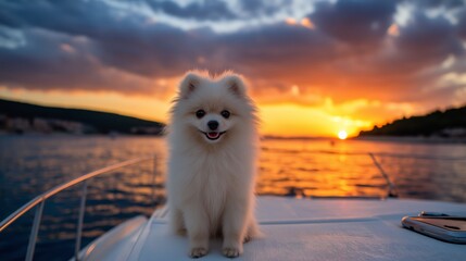 cute fluffy white Pomeranian puppy smiling sitting on sailing boat deck with sunset sky