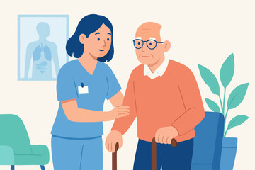 Flat vector illustration depicting elderly care and health assistance. Female nurse supporting an old man with a walking cane in a medical or home setting. Concept of senior care, nursing services, ge
